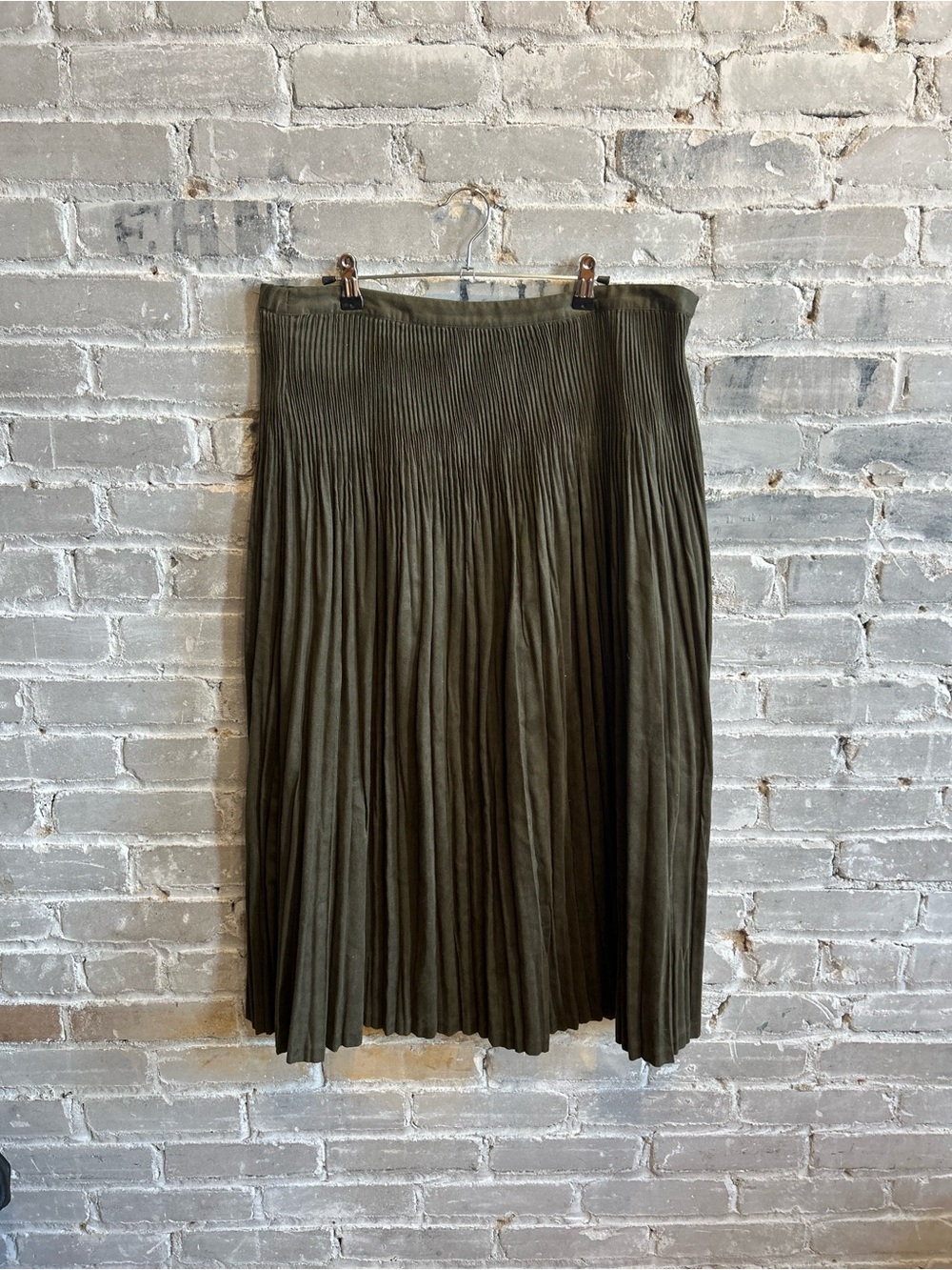 Coldwater Creek Olive Green Pleated Midi Skirt Brushed Texture Size L 14-16